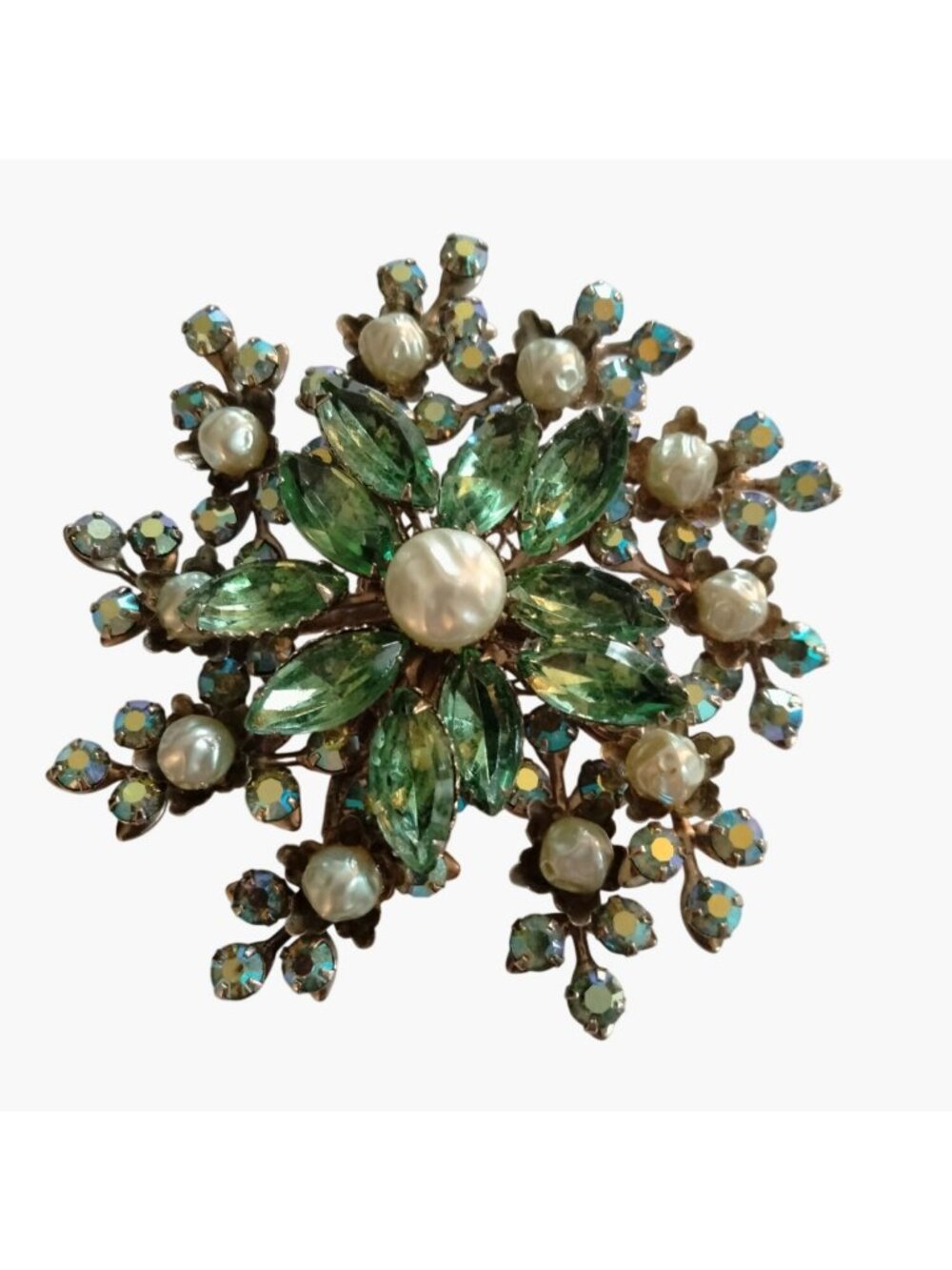 Floral Rhinestone Faux Pearl Brooch Green Aurora Borealis Large Vintage
